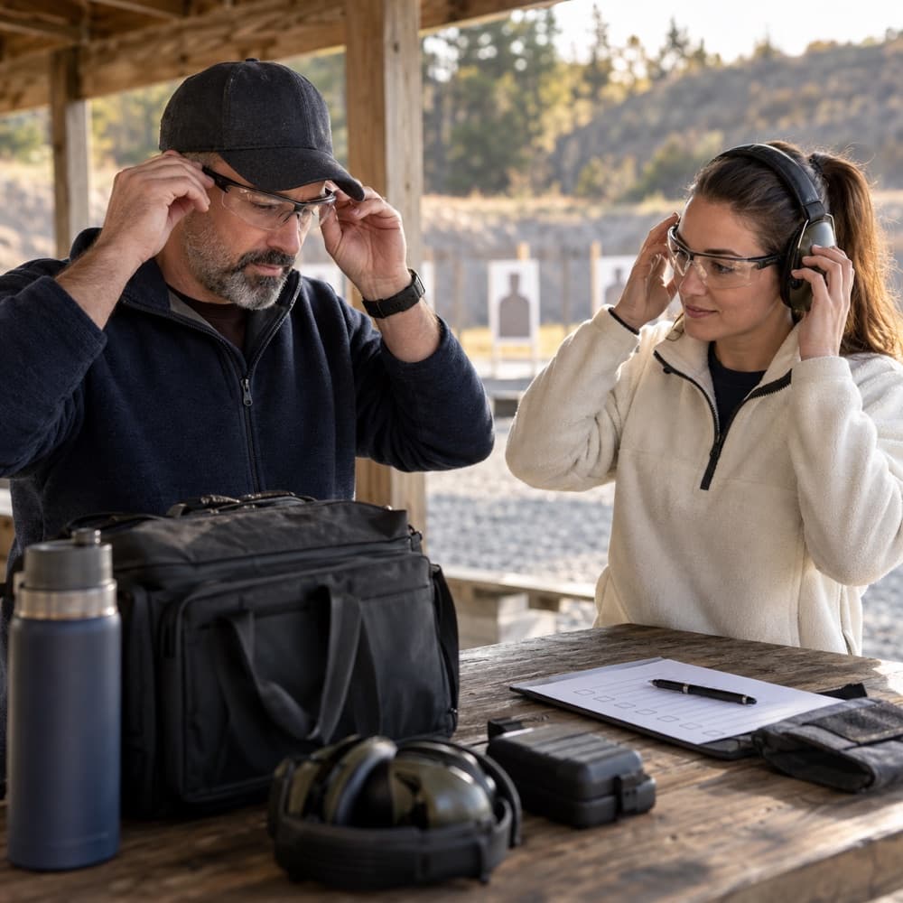 Two adults preparing eye and hearing protection before range instruction