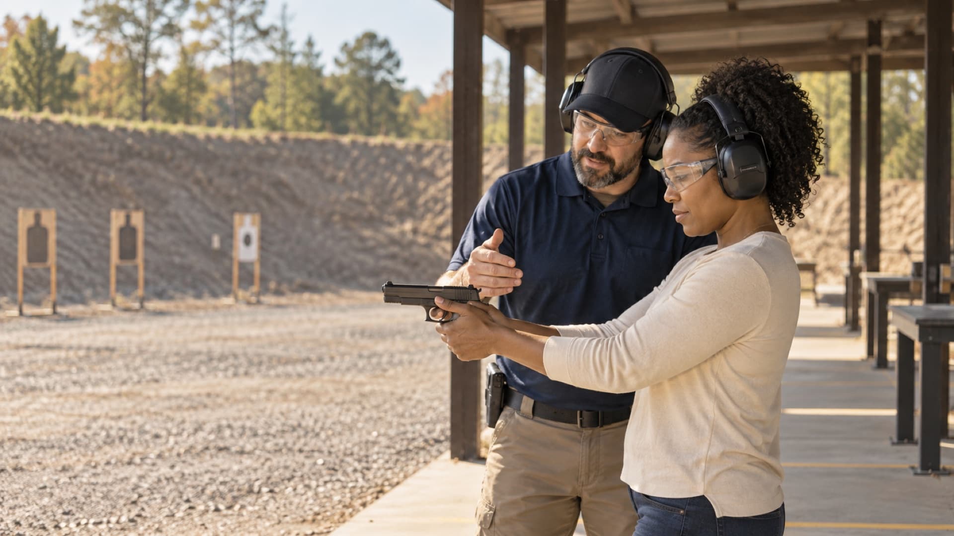 An instructor guiding an adult learner through safe handgun handling at an outdoor range