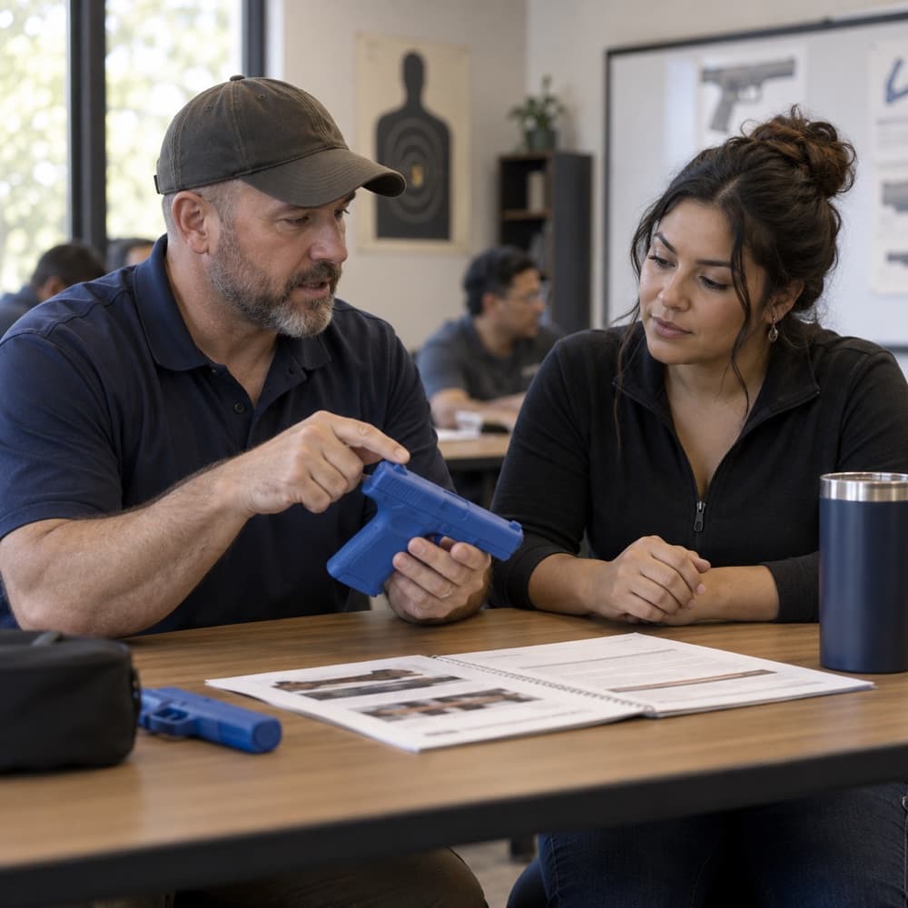 An instructor explaining safe handling with an inert training aid in a classroom