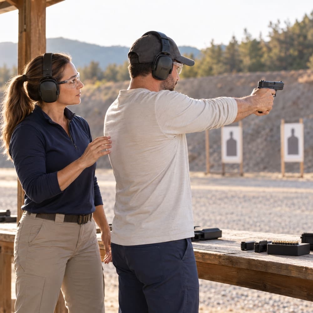 An instructor coaching an adult learner practicing safely at an outdoor range